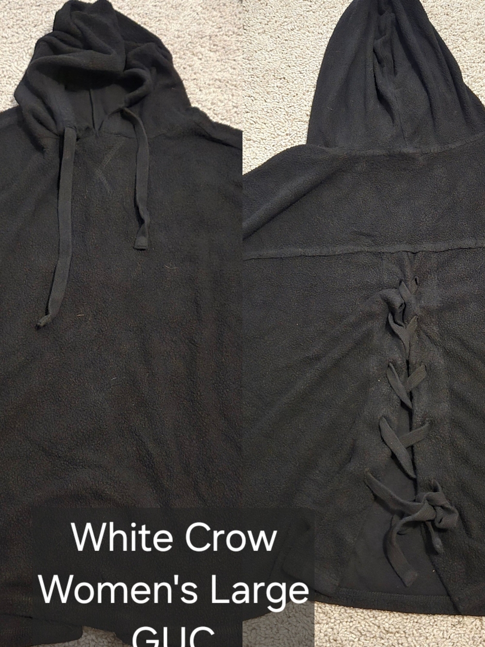 White Crow Black Crewneck Fleece Sweater with Back Lace-Up